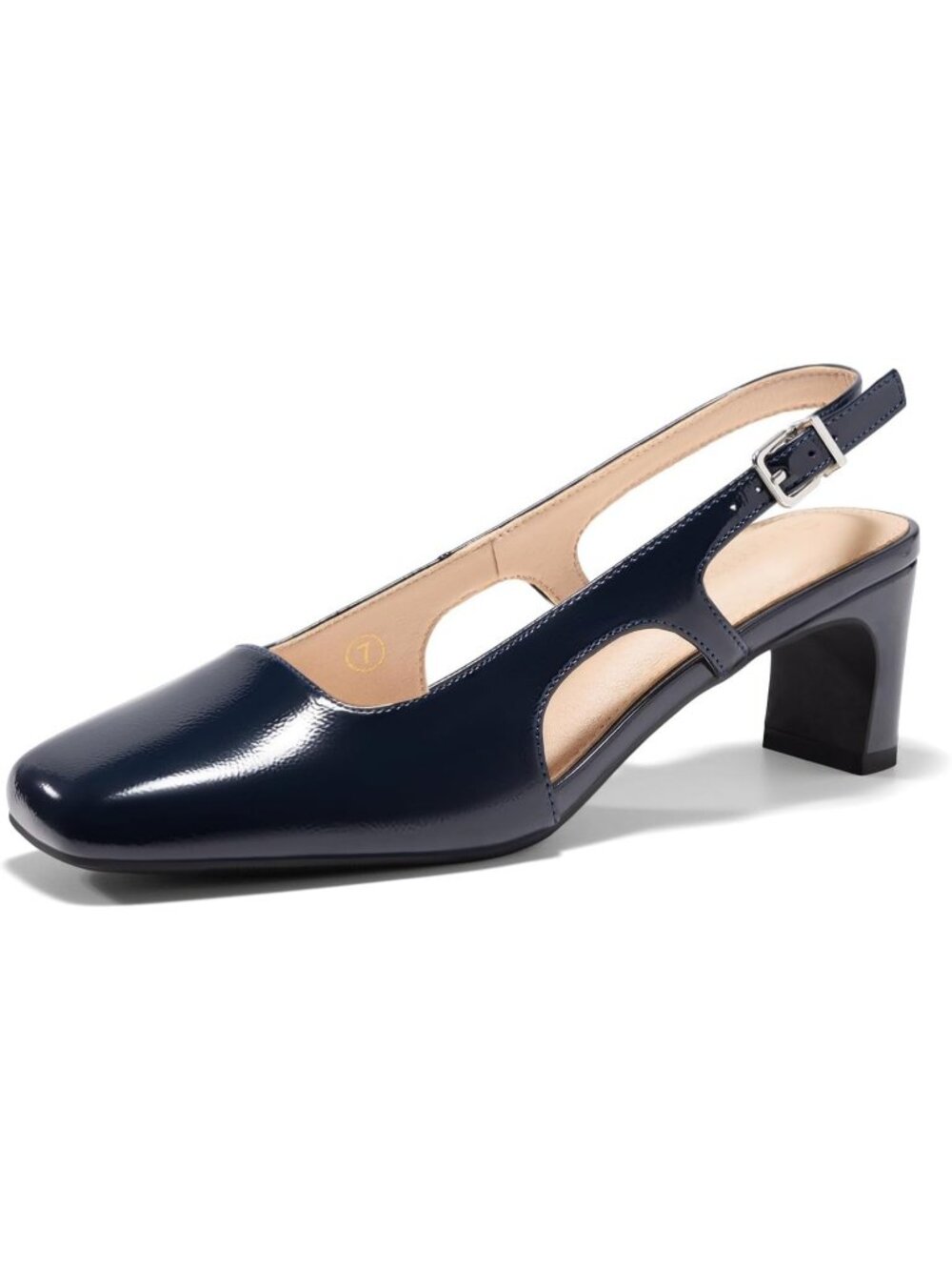 Women's Navy Patent Closed Square Toe Slingback Chunky Low Heels Pumps Shoes